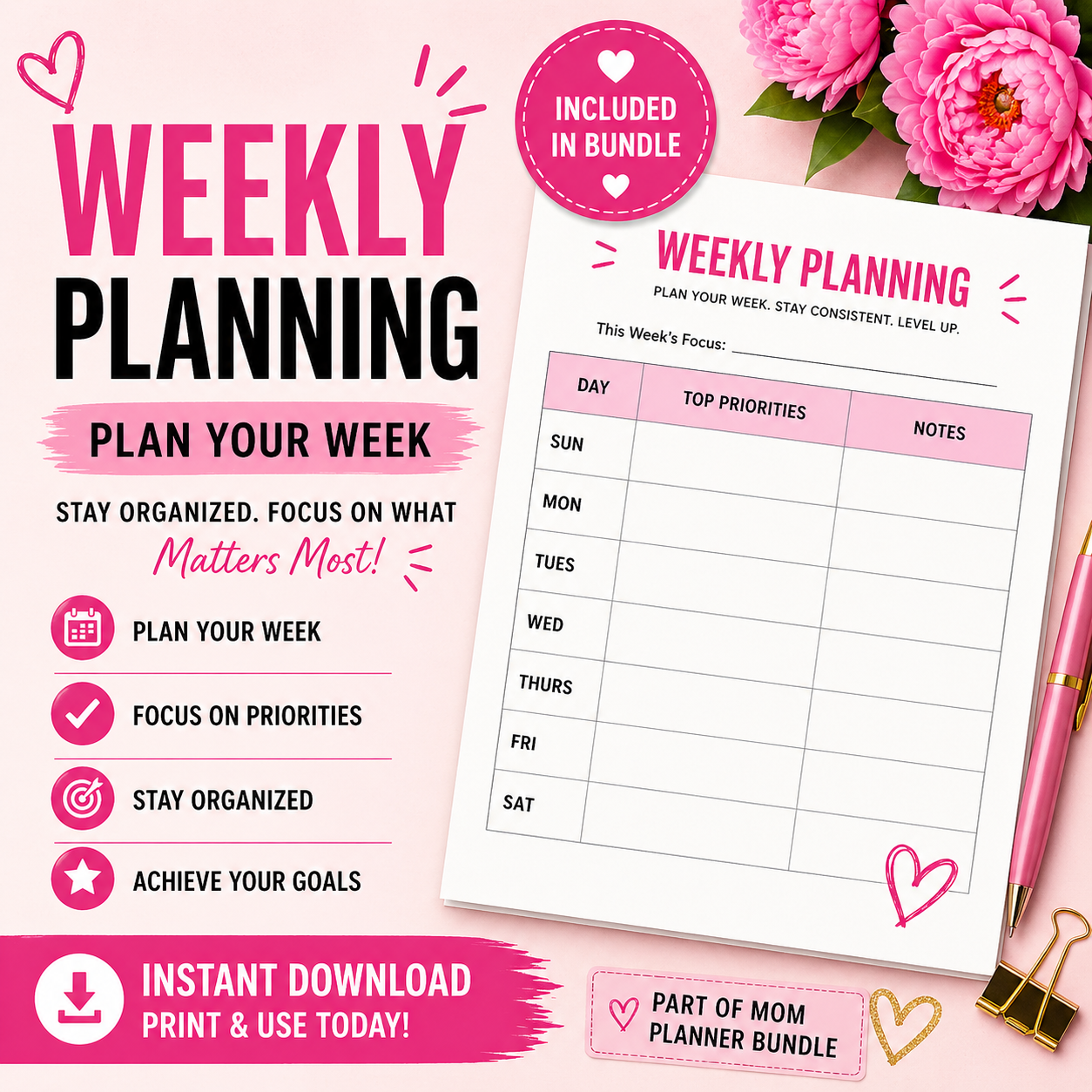 Weekly Reset & Glow-Up Planner | Printable Planner Bundle | Habit Tracker, Routine Planner, Budget Sheet | Digital Download