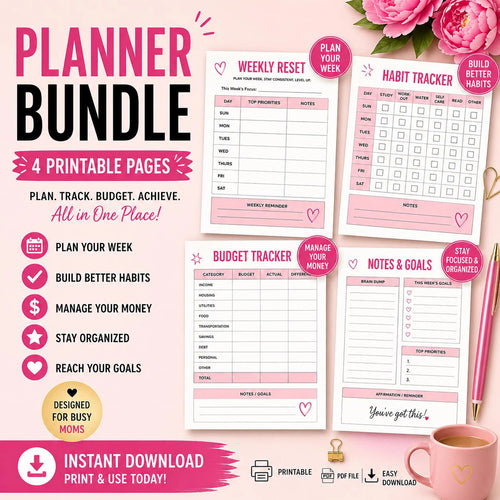 Weekly Reset & Glow-Up Planner | Printable Planner Bundle | Habit Tracker, Routine Planner, Budget Sheet | Digital Download